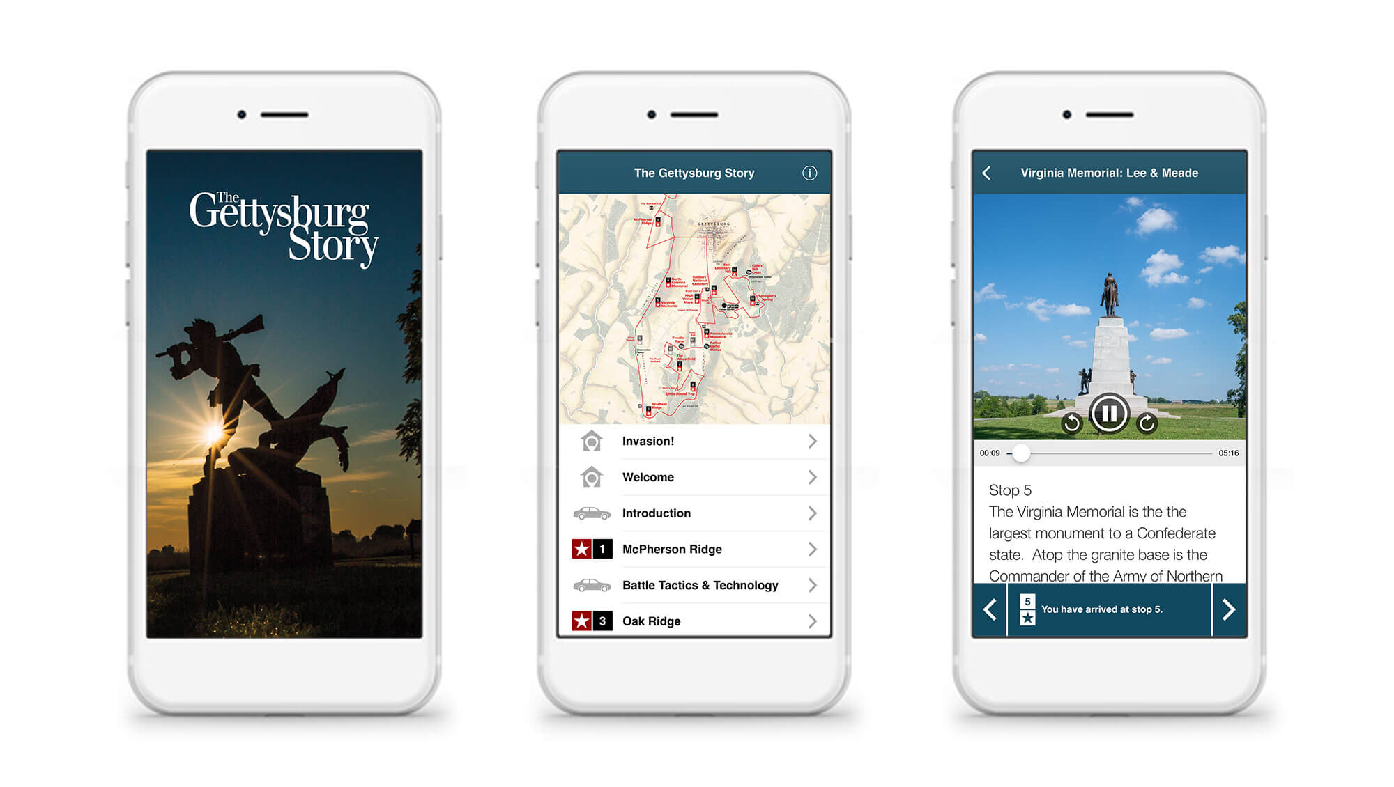 Screens of the Gettysburg Story Auto Tour displayed on mobile phones